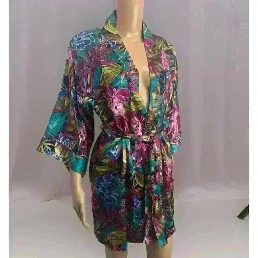Vintage CALIFORNIA DYNASTY Satin‎ Short Robe Pink Blue Sexy Belted sz S Floral